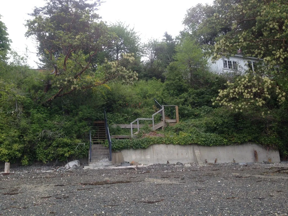 View upslope from the beach of the SDPA area showing the existing seawall and stairs.