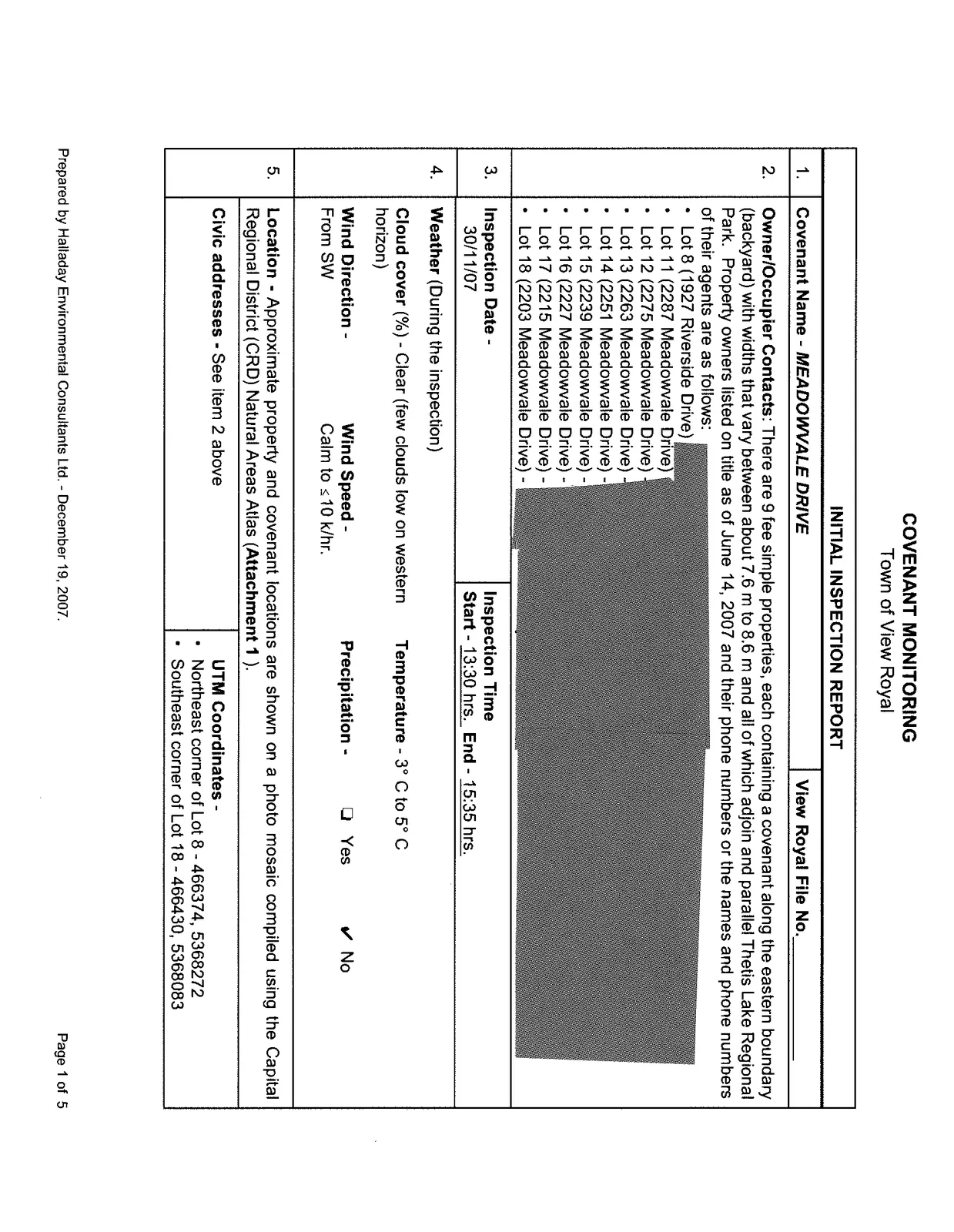 Initial Inspection Report page 1 for Meadowvale Drive covenant, detailing inspection date, weather conditions, and property locations