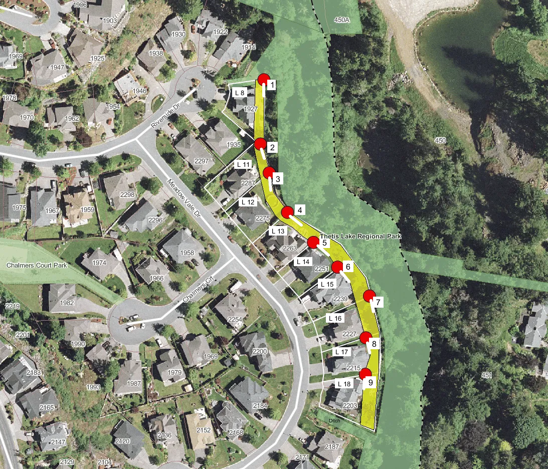 Aerial map identifying the locations of nine photo stations (labeled 1 through 9) and their corresponding Lot numbers (L8 to L18)