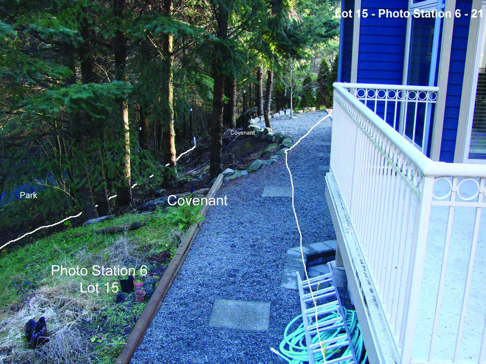 Photograph of a partially cleared forest area and retaining wall at the covenant edge on Lot 15