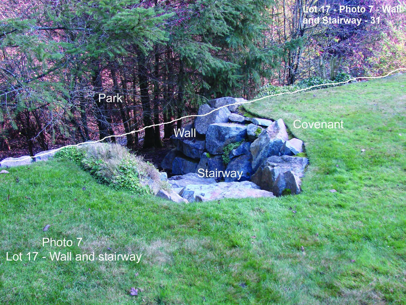 View from Photo Station 7 showing the landscaped garden, lawn, and covenant boundary of Lot 16