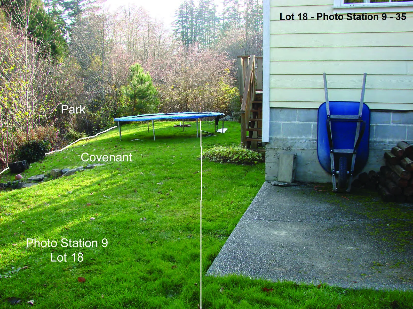 View from Photo Station 9 showing a trampoline located on the lawn within the Lot 18 covenant area