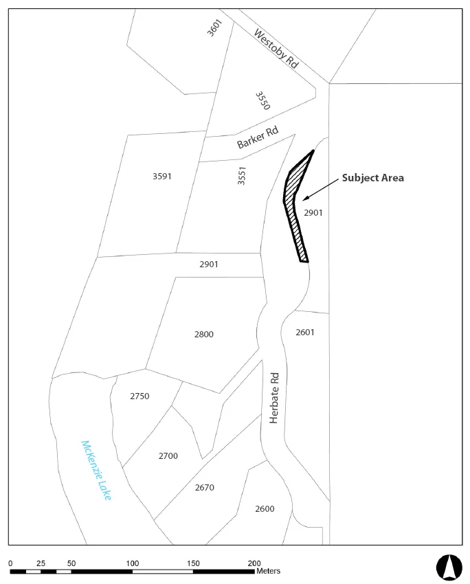 Map showing the Subject Area for road closure and removal of highway dedication, located along Herbate Road near its intersection with Barker Road. The map displays surrounding property parcels with addresses including 3601, 3550, 3591, 3551, 2901, 2800, 2601, 2750, 2700, 2670, and 2600. Nearby geographic features include Westoby Rd and Mckenzie Lake.