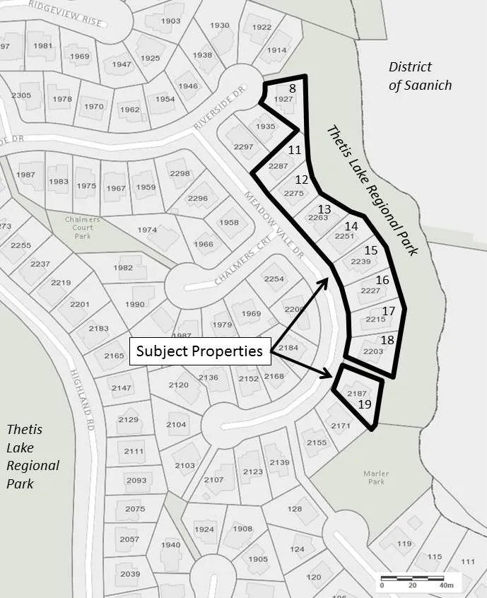 Property Location Map highlighting subject properties numbered 8 and 11 through 19 situated along Meadow Vale Drive and Riverside Drive, adjacent to Thetis Lake Regional Park and the District of Saanich boundary.