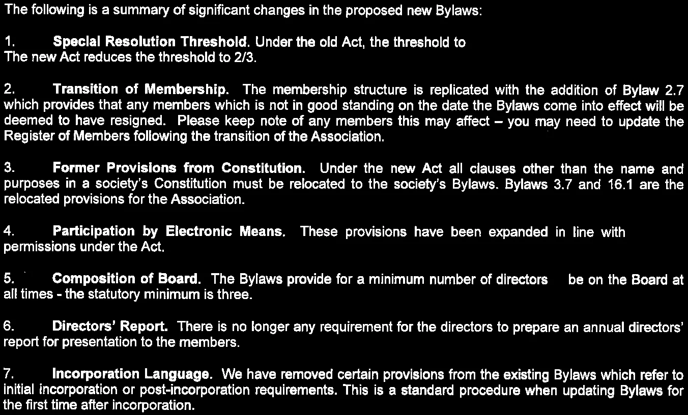 Summary of significant changes in the proposed new Bylaws, items 1-7