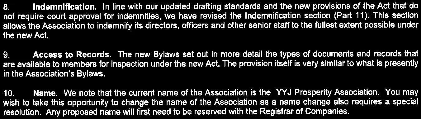 Summary of significant changes in the proposed new Bylaws, items 8-10