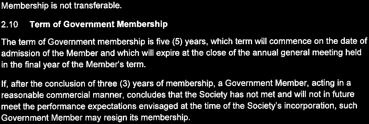 Section 2.10 Term of Government Membership