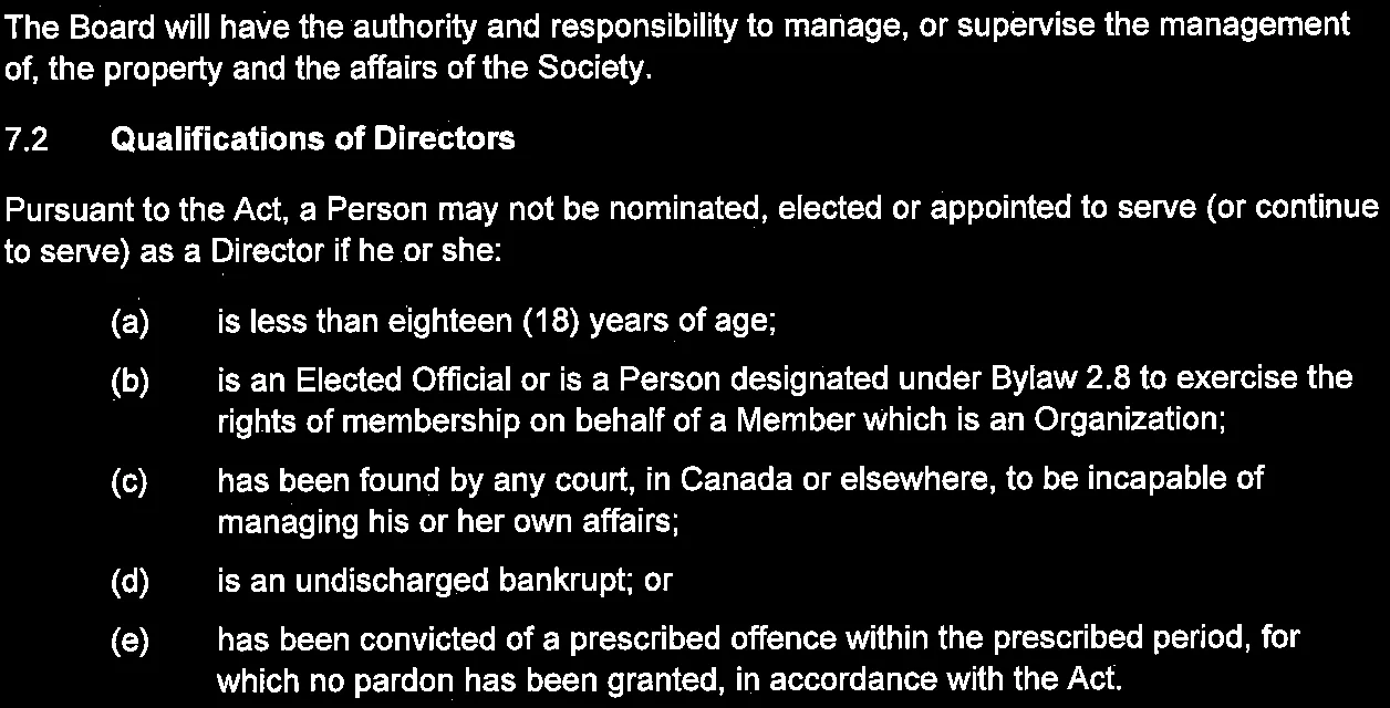 Section 7.2 Qualifications of Directors