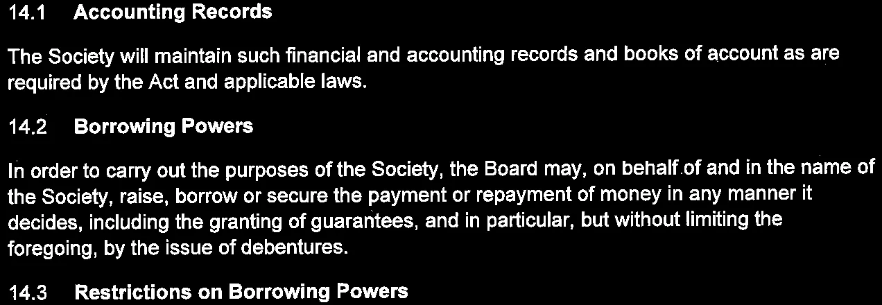 Section 14.2 Borrowing Powers