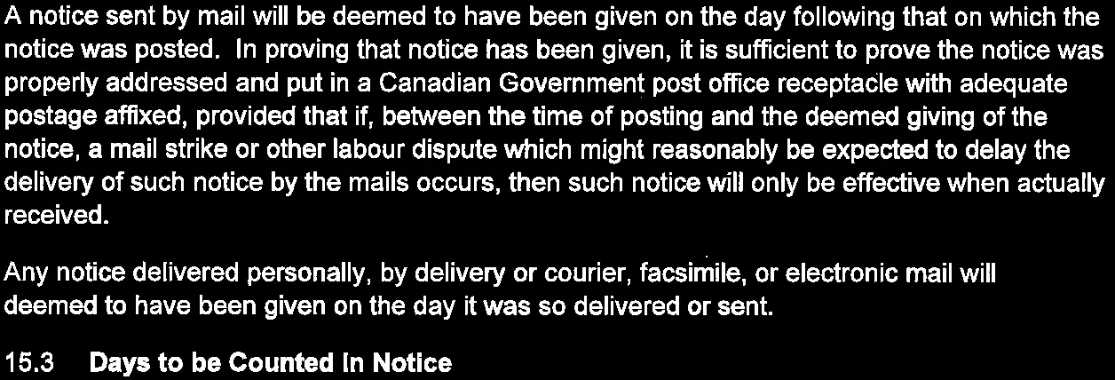 Section 15.2 When Notice Deemed to have been Received