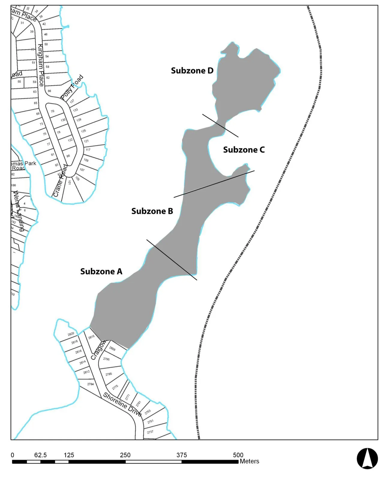 Map showing the division of the Christie Point area into Subzone A, Subzone B, Subzone C, and Subzone D, including surrounding streets such as Shoreline Drive, Craigowan Road, Crane Road, Polly Road, and Kingham Place