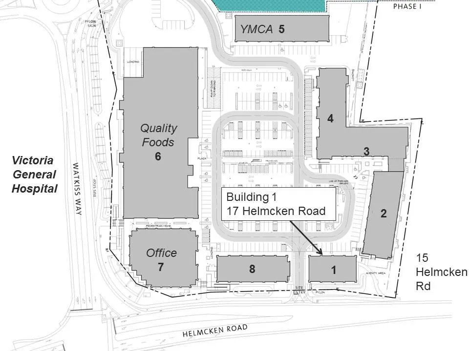 Site plan map of Eagle Creek Village showing layout of buildings 1 through 8, including Quality Foods, YMCA, and Office buildings, with Building 1 located at 17 Helmcken Road near the intersection of Watkiss Way and Helmcken Road.