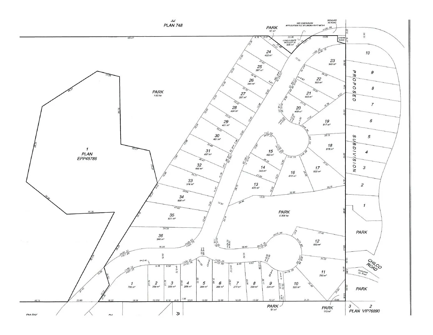 Subject property map showing a proposed subdivision layout with numbered lots 1-36 and 1-10, park areas, and roads labeled Chilco Rd, Lund Rd, Road A, and Road B.
