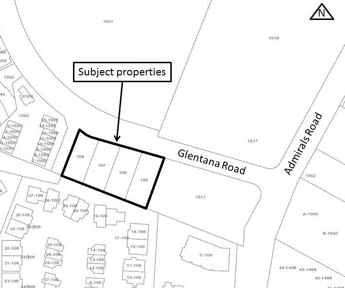 Map of subject properties 105, 106, 107, and 108 on Glentana Road