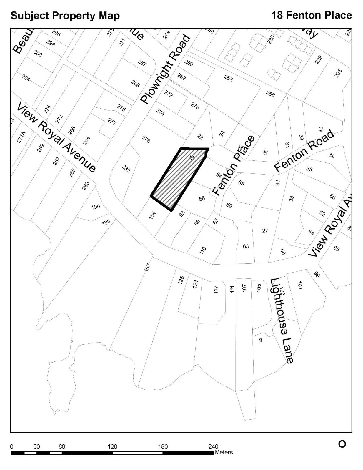 Subject property map showing property 18 at Fenton Place and the surrounding parcels. The map includes neighborhood streets: Plowright Road, View Royal Avenue, Fenton Place, Fenton Road, and Lighthouse Lane. A scale bar at the bottom indicates measurements from 0 to 240 meters.