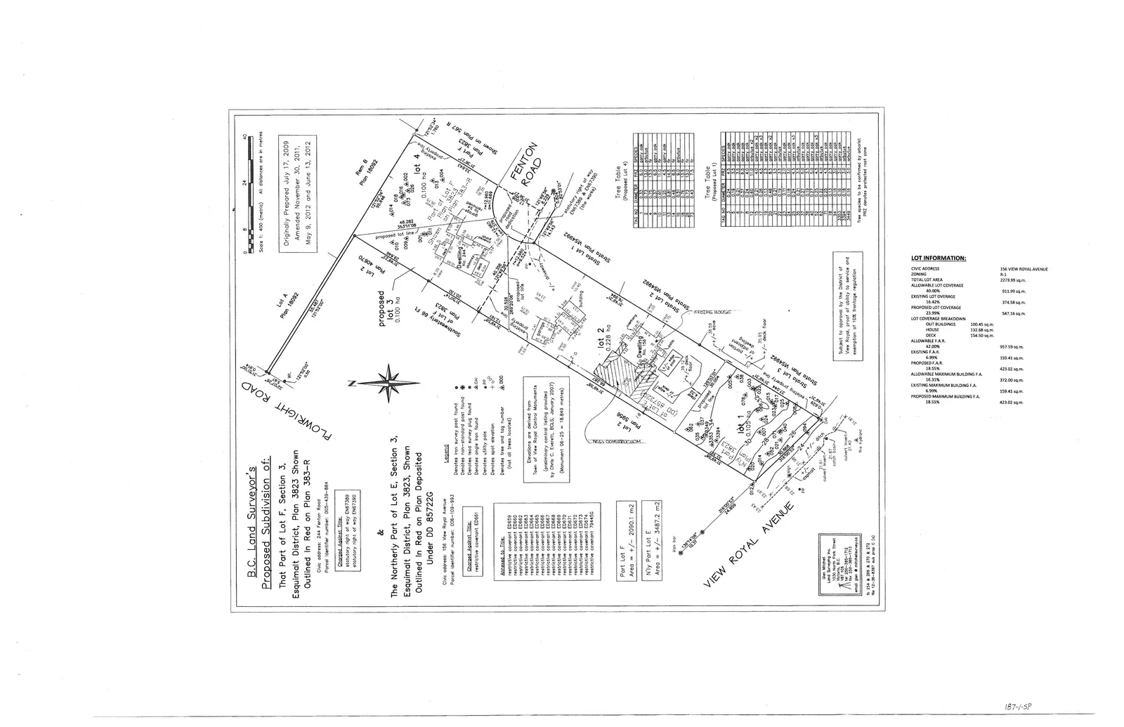 Site plan and survey map showing the proposed subdivision of property into four lots (Lot 1, Lot 2, Lot 3, and Lot 4) between Fenton Road and View Royal Avenue, including existing buildings, tree locations, and legal boundaries.