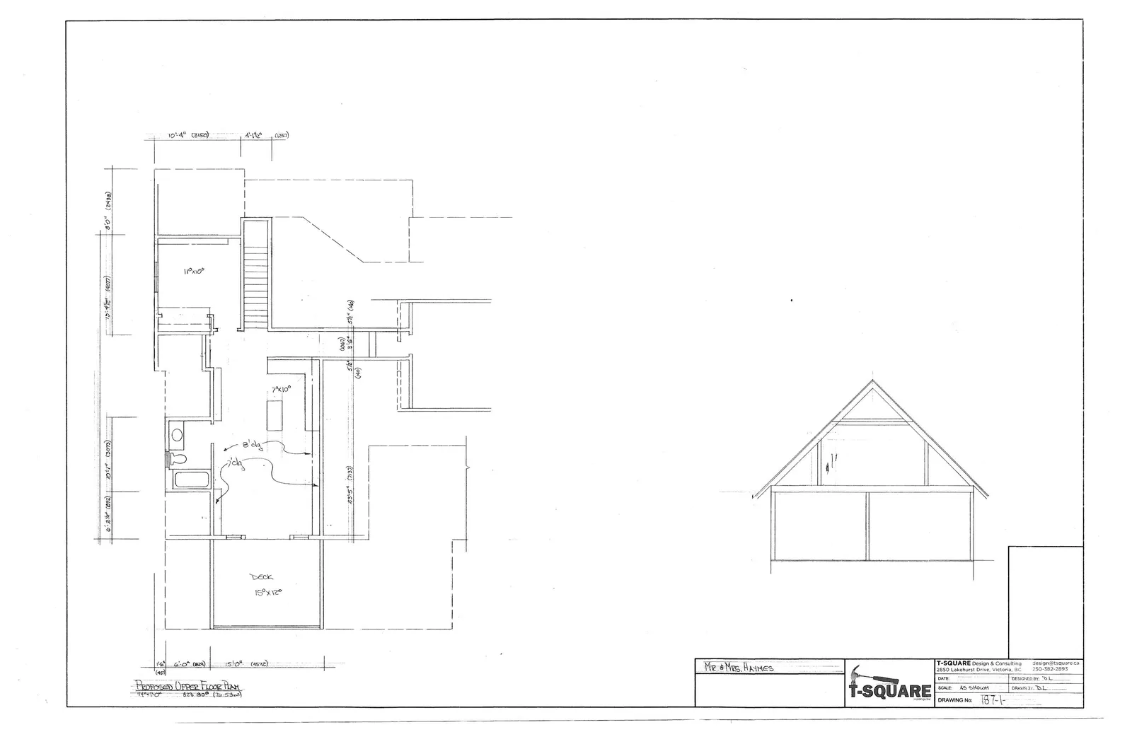 Architectural drawing containing a proposed upper floor plan with dimensions and a cross-section elevation of a gabled roof structure.