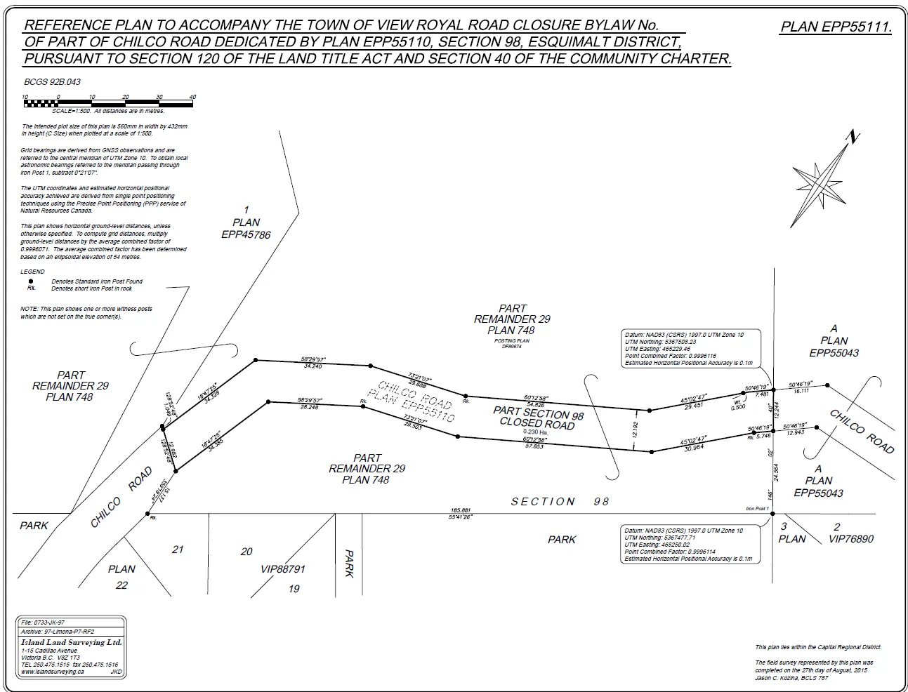 Reference plan to accompany the Town of View Royal road closure bylaw for part of Chilco Road, Plan EPP55111