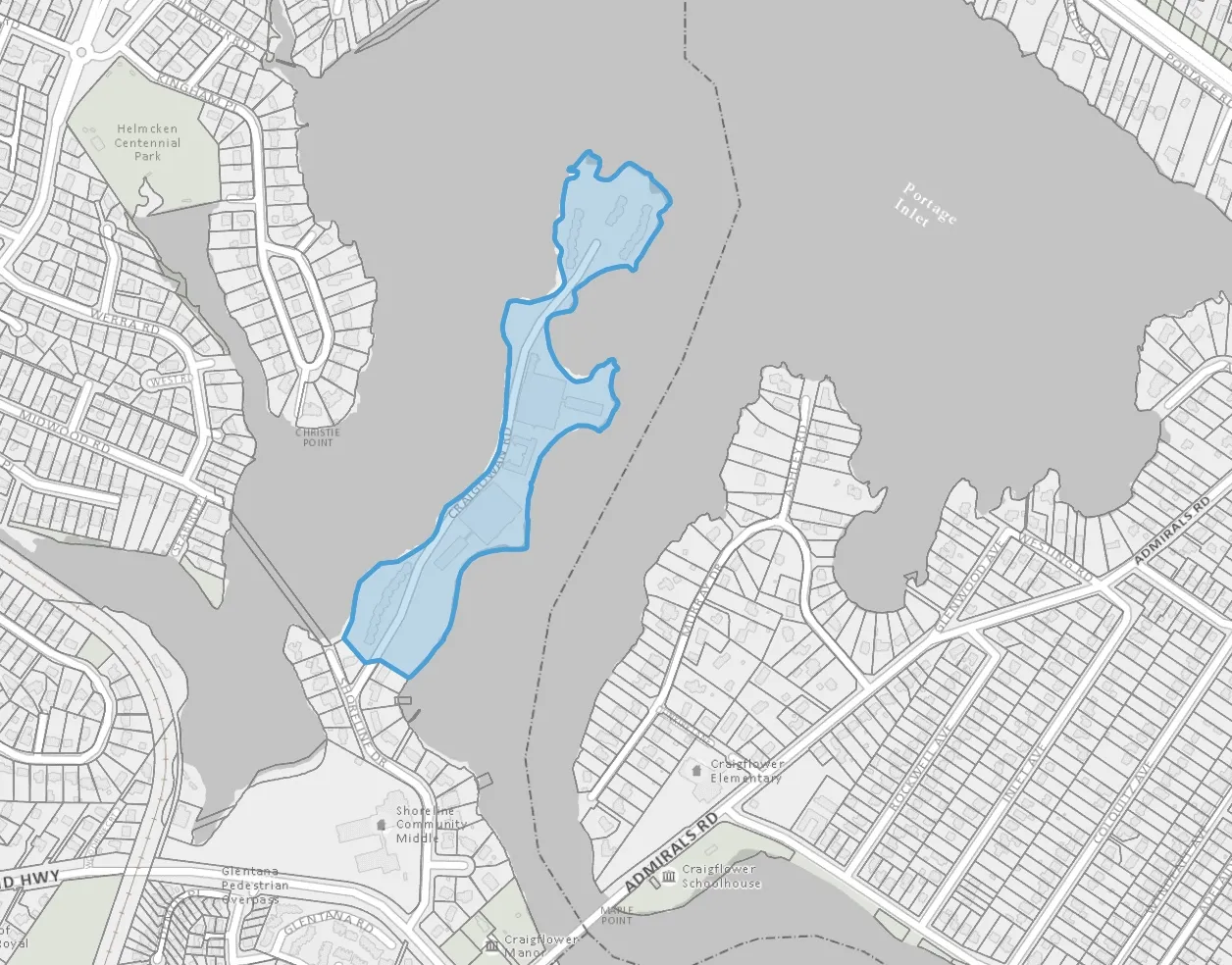 Detailed topographic map of 2951 Craigowan Rd (Christie Pt) highlighted in blue, situated in Portage Inlet. The map shows surrounding features including Helmcken Centennial Park, Craigflower Elementary, Shoreline Community Middle school, and various roads such as Admirals Rd, Craigflower Rd, and Shoreline Dr.