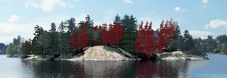 Zoom detail showing new tree plantings in red at 30 years