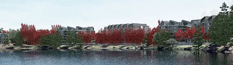 Zoom detail showing new tree plantings in red at time of planting