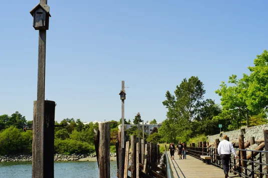Pedestrian boardwalk featuring wooden birdhouses on tall poles