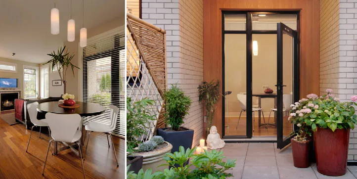 Interior dining area with modern furniture and an adjacent outdoor patio with plants