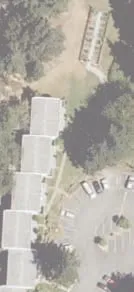 Aerial view of western shoreline with small piers