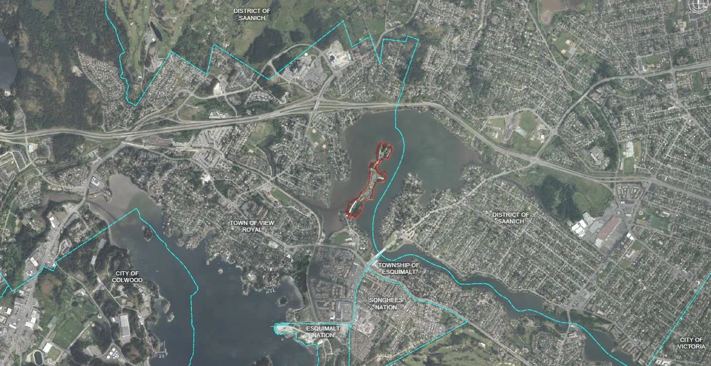 Aerial map showing the location of the Christie Point site on a peninsula in the Portage Inlet.
