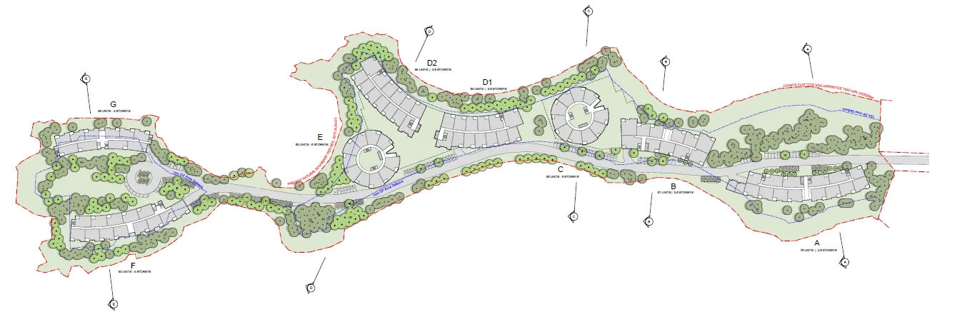 Architectural site plan rendering of the proposed redevelopment showing eight new buildings (A through G) distributed across the peninsula.
