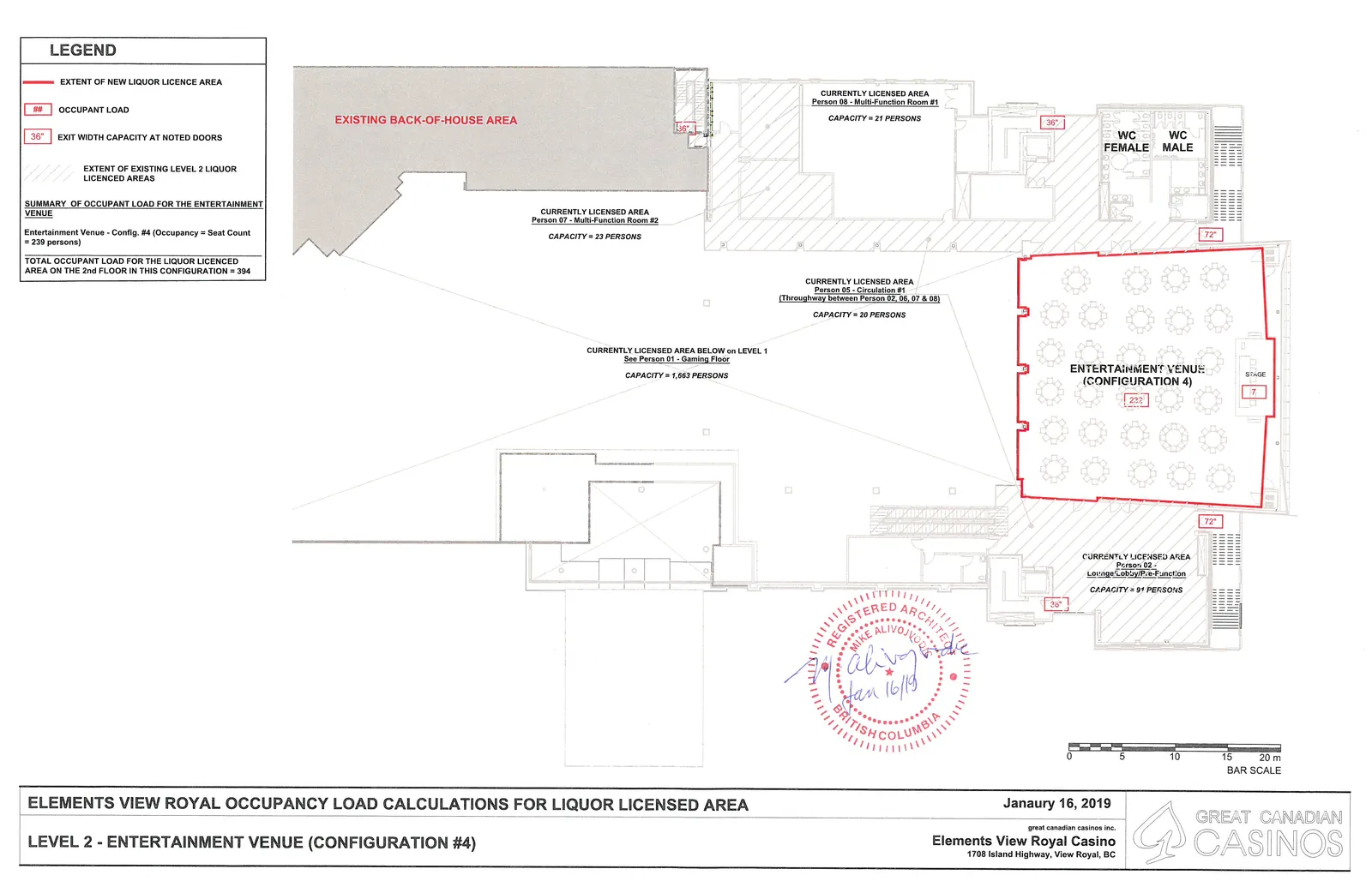 Floor plan of Level 2 showing occupant load calculations and licensed areas for the Entertainment Venue configuration #4 at Elements View Royal Casino.