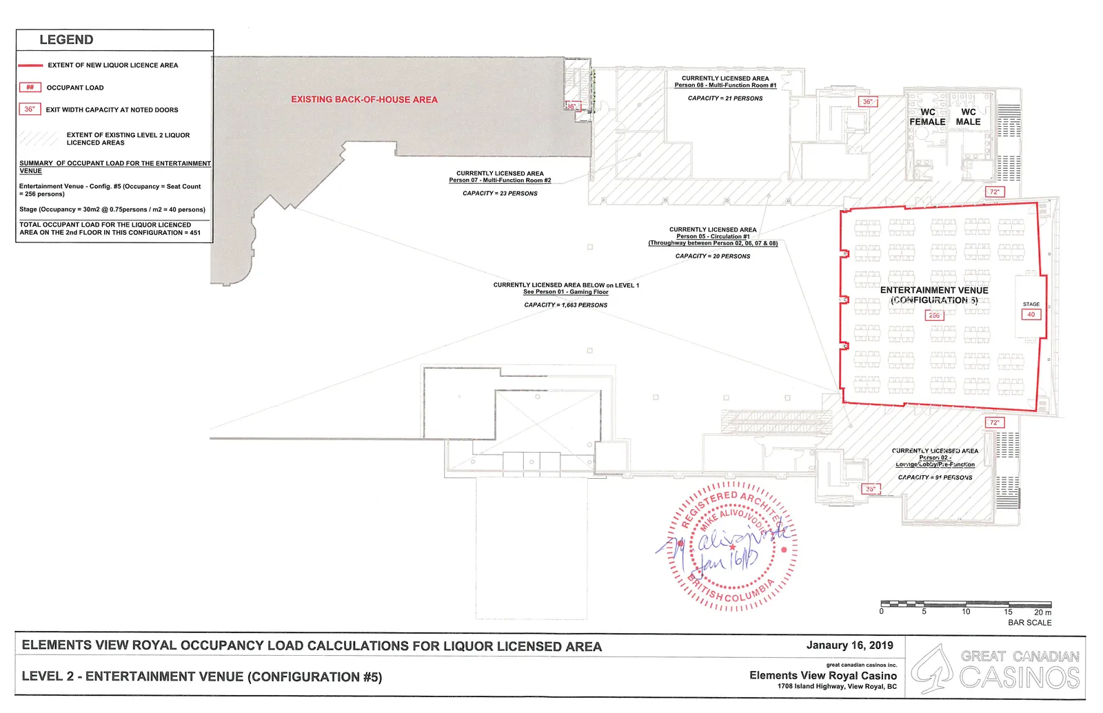 Architectural floor plan for Level 2 of Elements View Royal Casino showing the layout for "Entertainment Venue (Configuration #5)" including calculated occupant loads for various rooms, exit widths, and existing licensed areas.