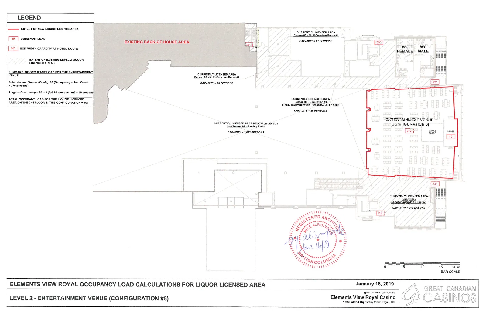 Architectural floor plan of Level 2 showing licensed areas, occupancy loads, and exit width capacities.