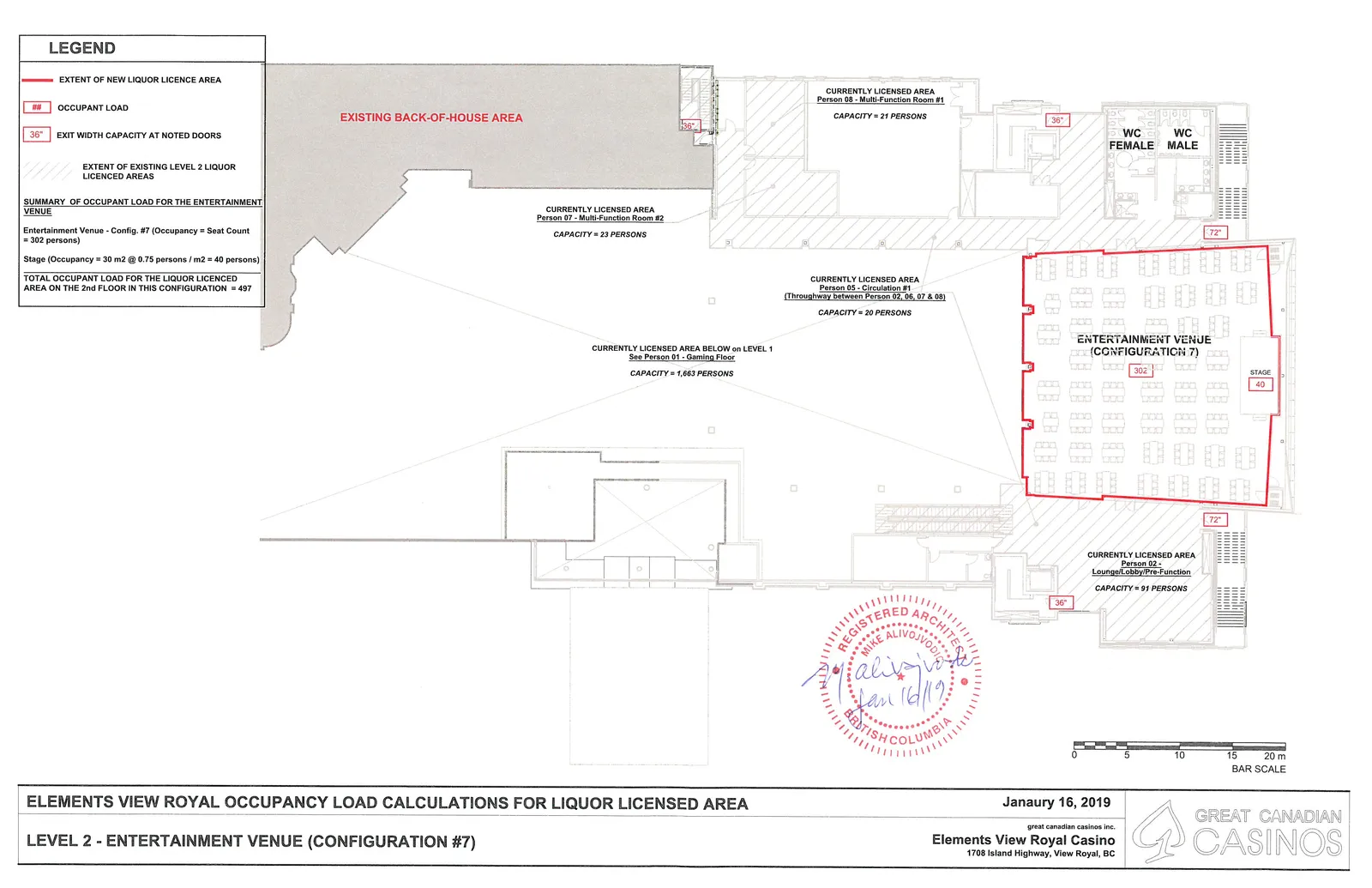 Floor plan map for Level 2 of Elements View Royal Casino showing occupancy load calculations and liquor license area boundaries for Entertainment Venue Configuration #7.