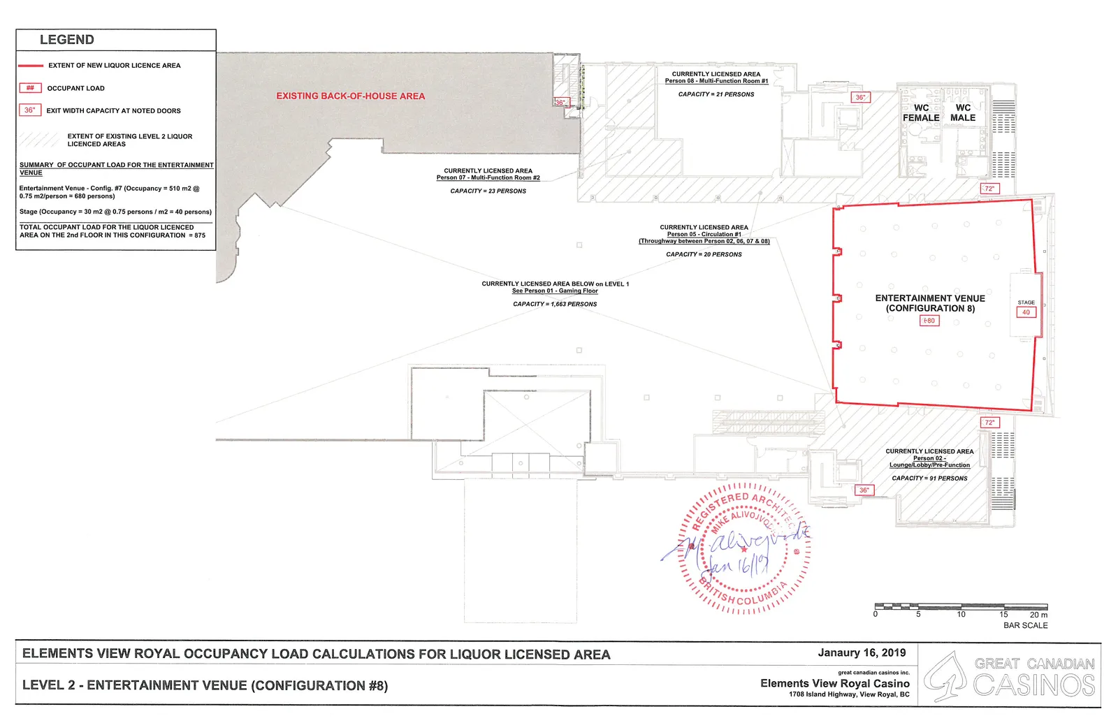 Floor plan of Level 2 Entertainment Venue showing liquor licensed areas, occupant loads, and exit width capacities
