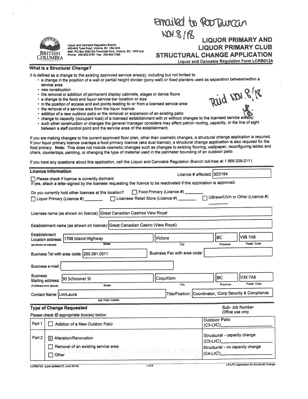 Page 1 of the Structural Change Application form containing licence and establishment information