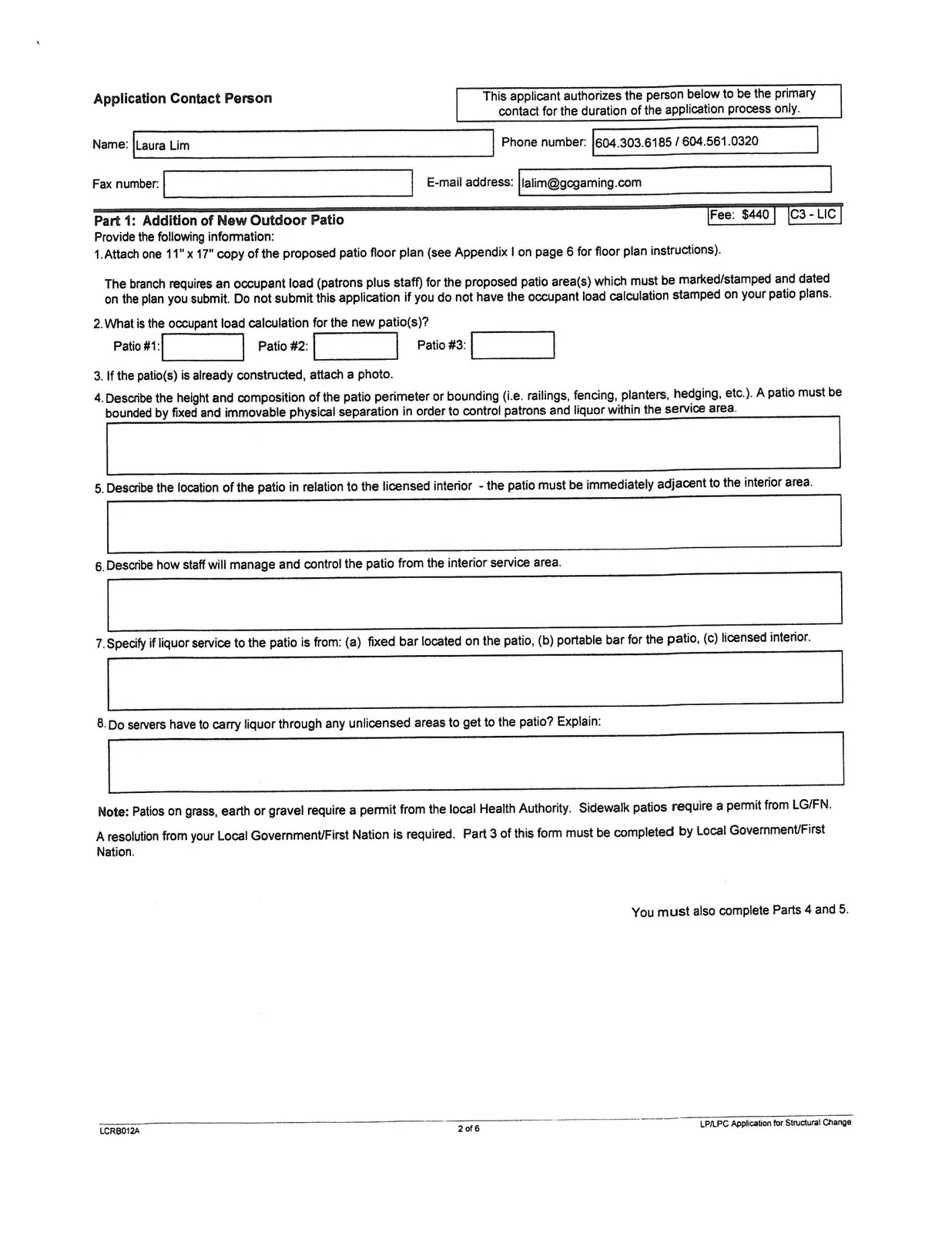 Page 2 of the form showing contact person information and requirements for Part 1
