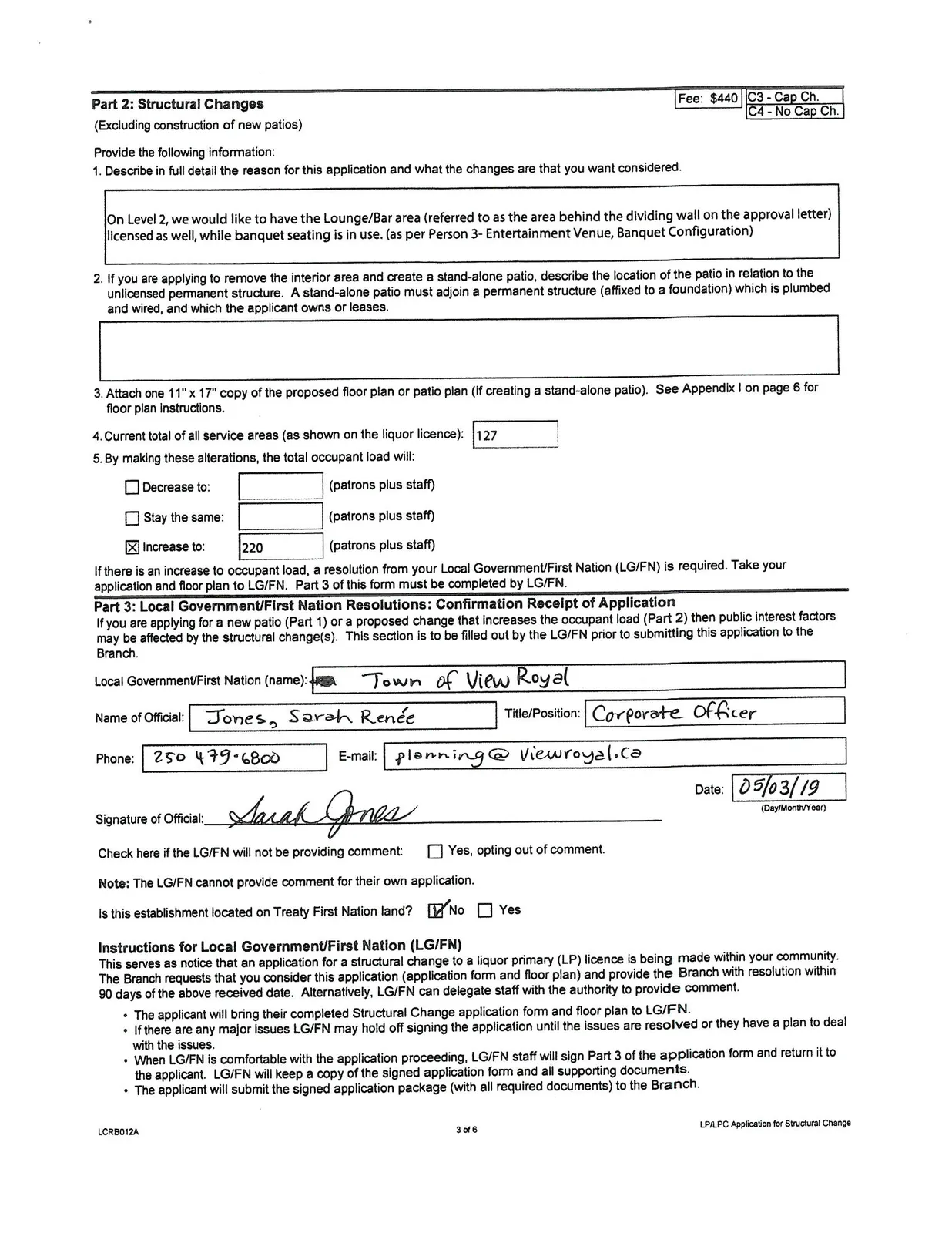 Page 3 of the form detailing structural change reasons and local government resolutions