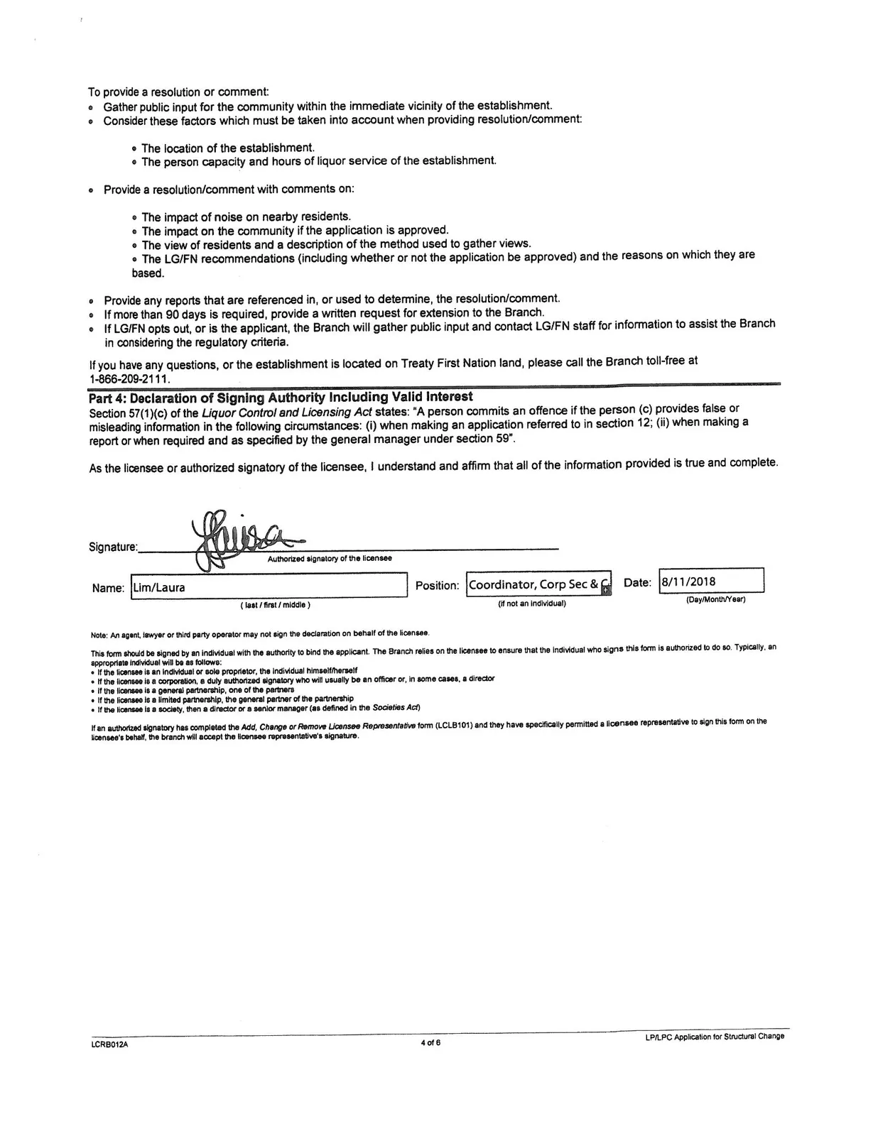 Page 4 of the form containing the declaration of signing authority