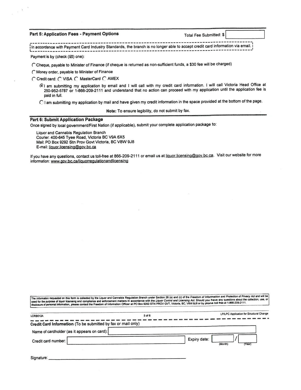 Page 5 of the form covering application fees and submission instructions