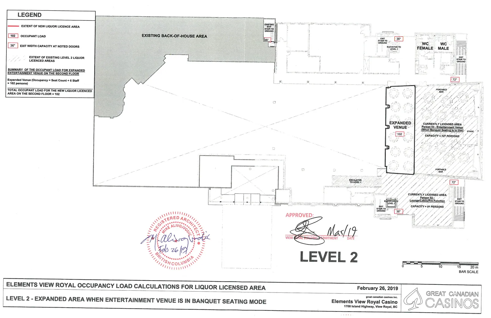 Architectural floor plan of Level 2 showing the existing back-of-house area, the expanded venue space, and currently licensed areas with occupant load capacities and exit widths.