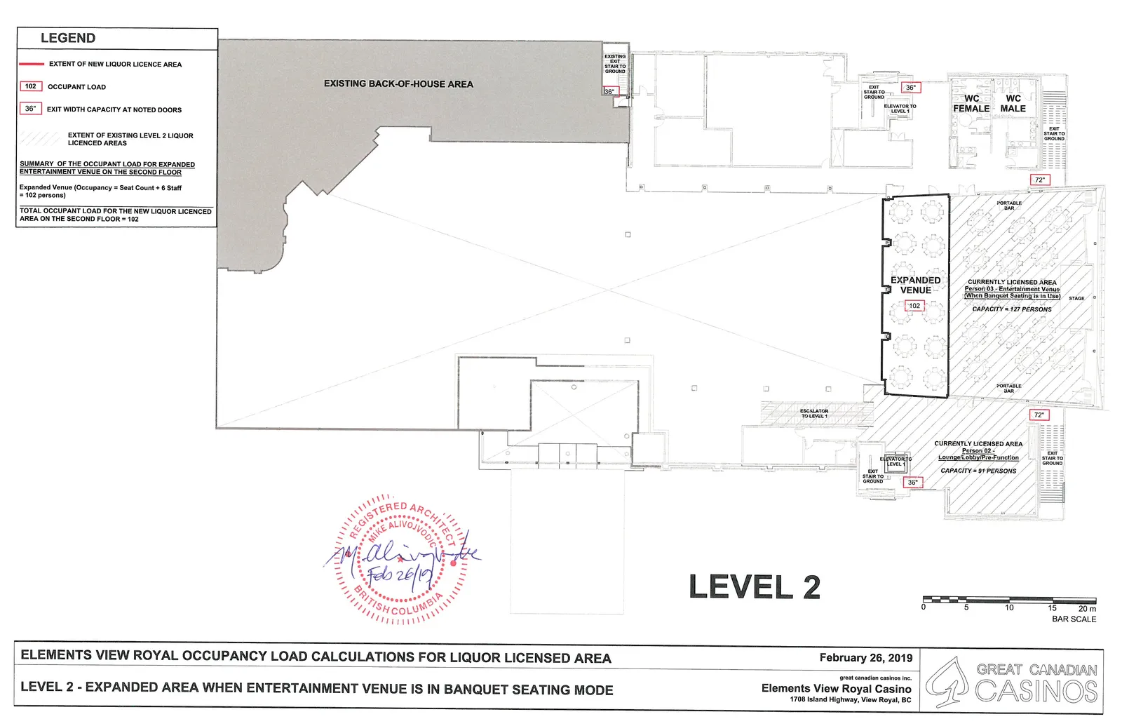 Architectural floor plan of Level 2 showing the expanded liquor licensed area, existing licensed areas, back-of-house area, and occupant load calculations for the entertainment venue in banquet seating mode.