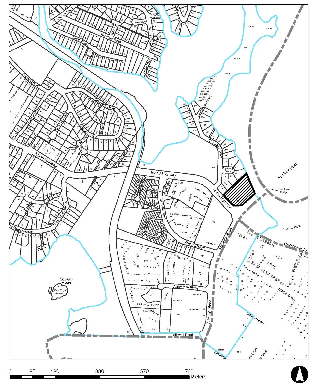 Zoning map showing amendments to Schedule "B" of Zoning Bylaw, 2014, No. 900, with a specific property highlighted in a cross-hatch pattern near the intersection of Island Highway and Admirals Road.