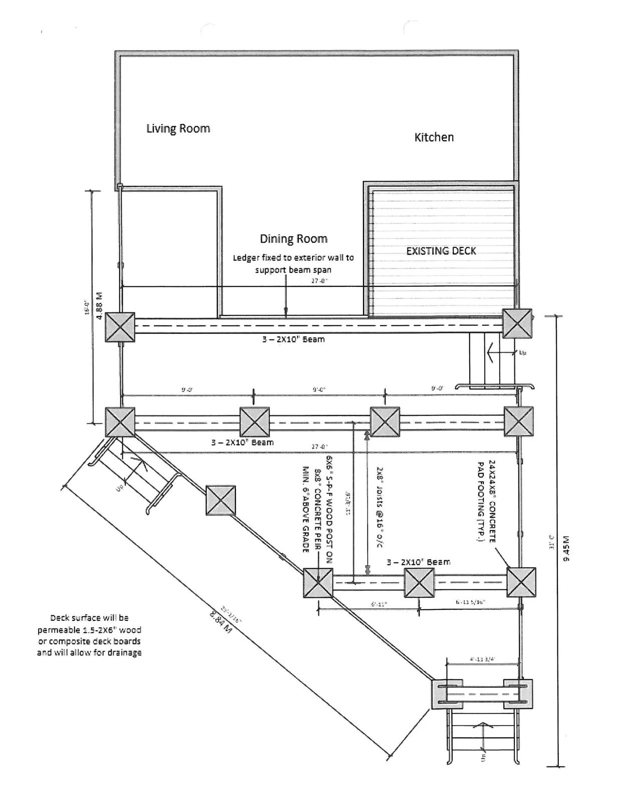 Deck plan diagram showing internal floor plan for Living Room, Kitchen, and Dining Room in relation to a proposed deck layout with technical dimensions and structural notes.
