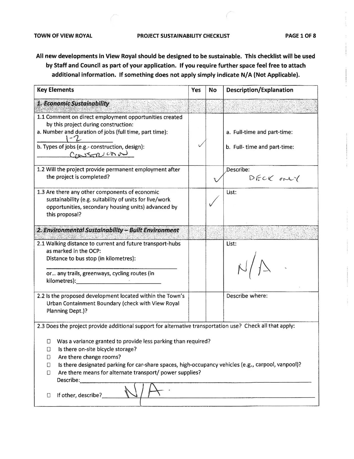 Page 1 of the Project Sustainability Checklist showing Economic Sustainability and Built Environment sections