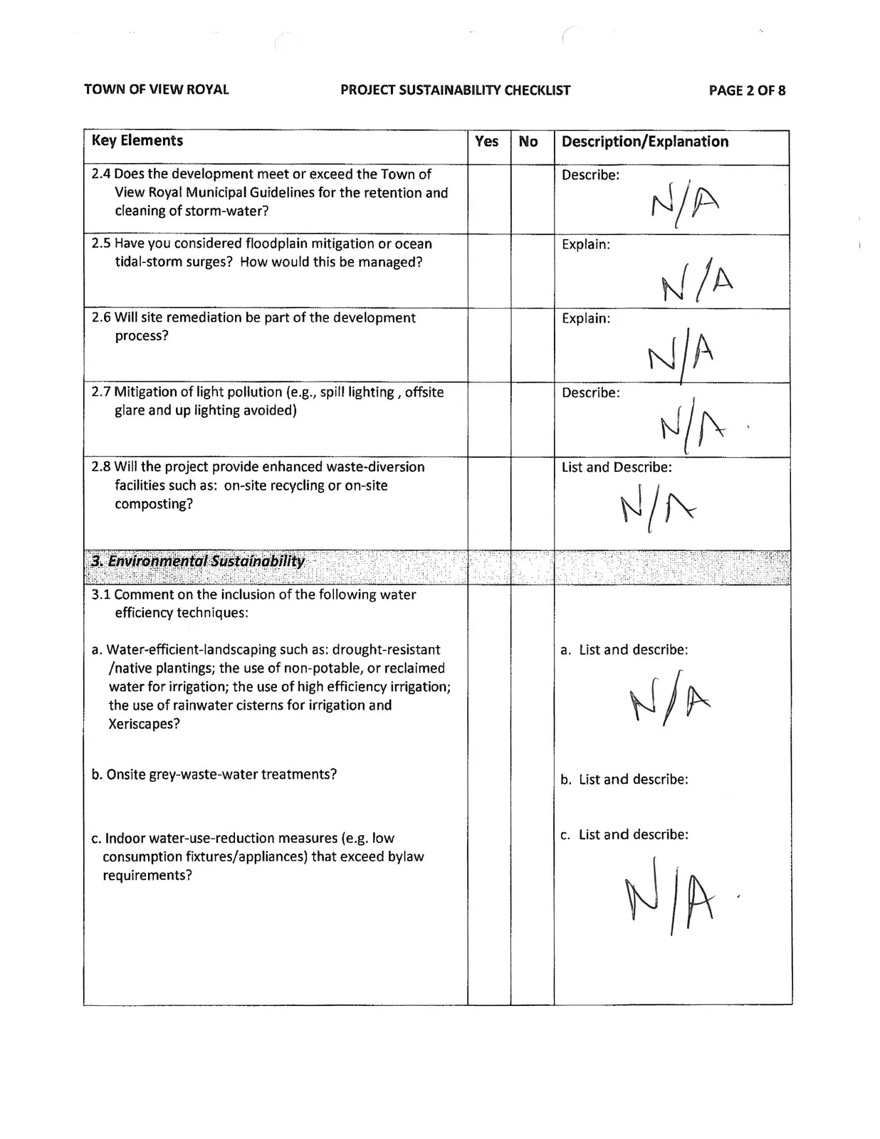 Page 2 of the Project Sustainability Checklist showing Built Environment and Environmental Sustainability sections
