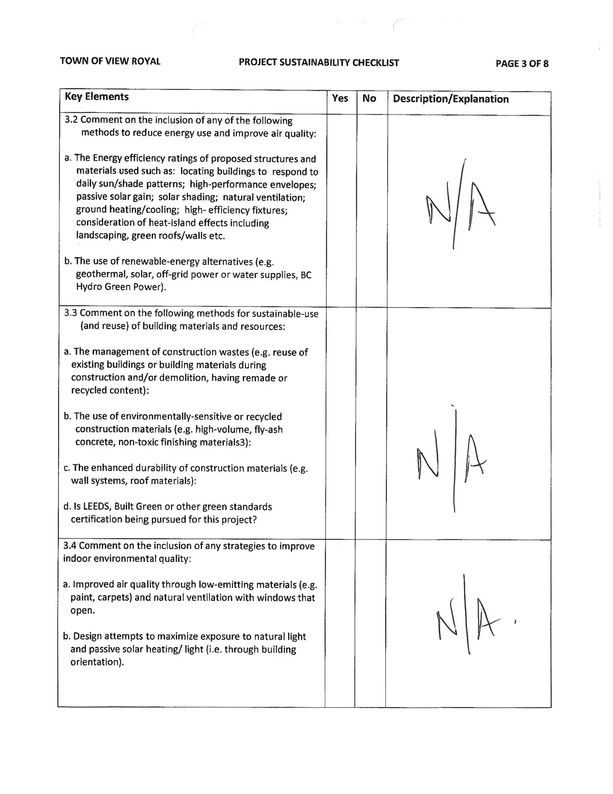 Page 3 of the Project Sustainability Checklist showing more Environmental Sustainability questions