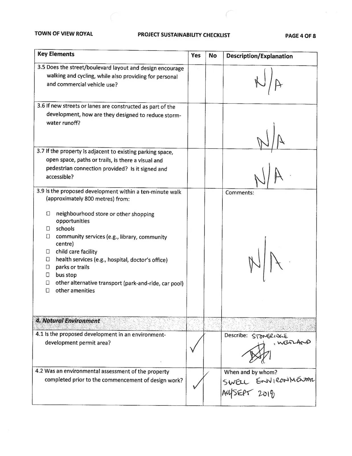 Page 4 of the Project Sustainability Checklist showing more Environmental Sustainability and Natural Environment sections
