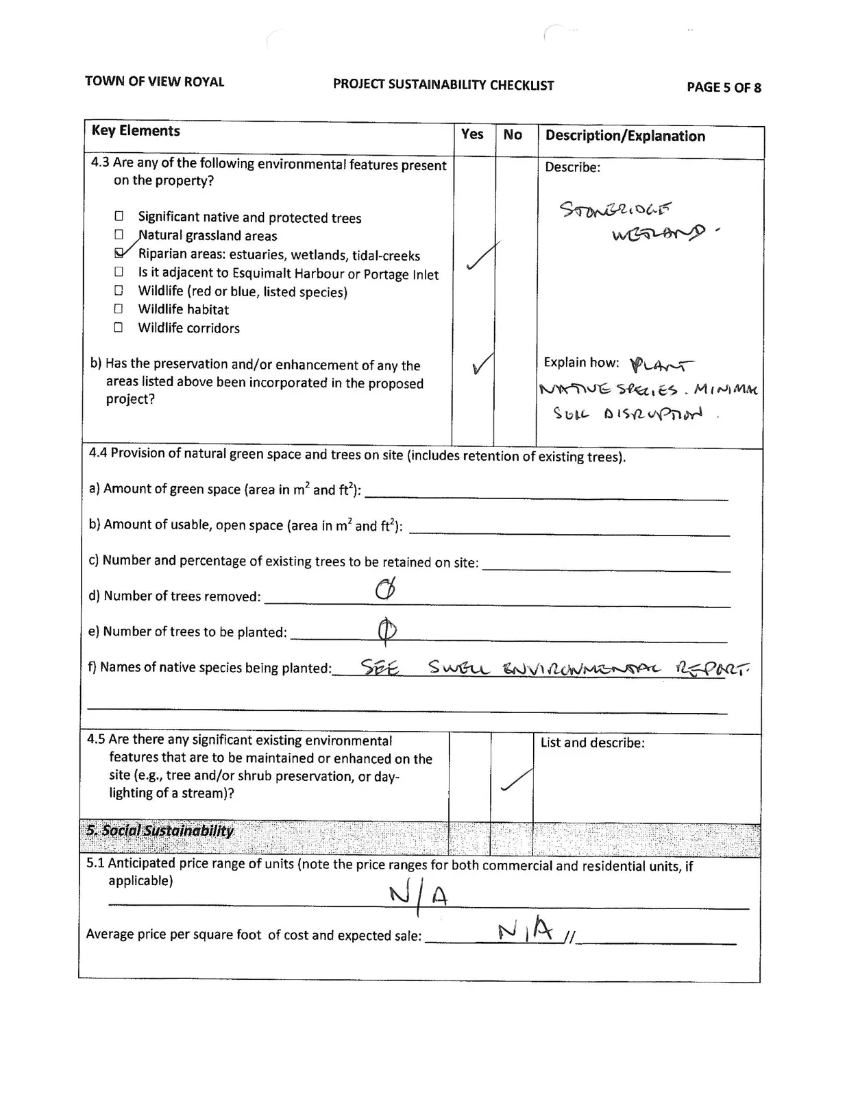 Page 5 of the Project Sustainability Checklist showing more Natural Environment and Social Sustainability sections