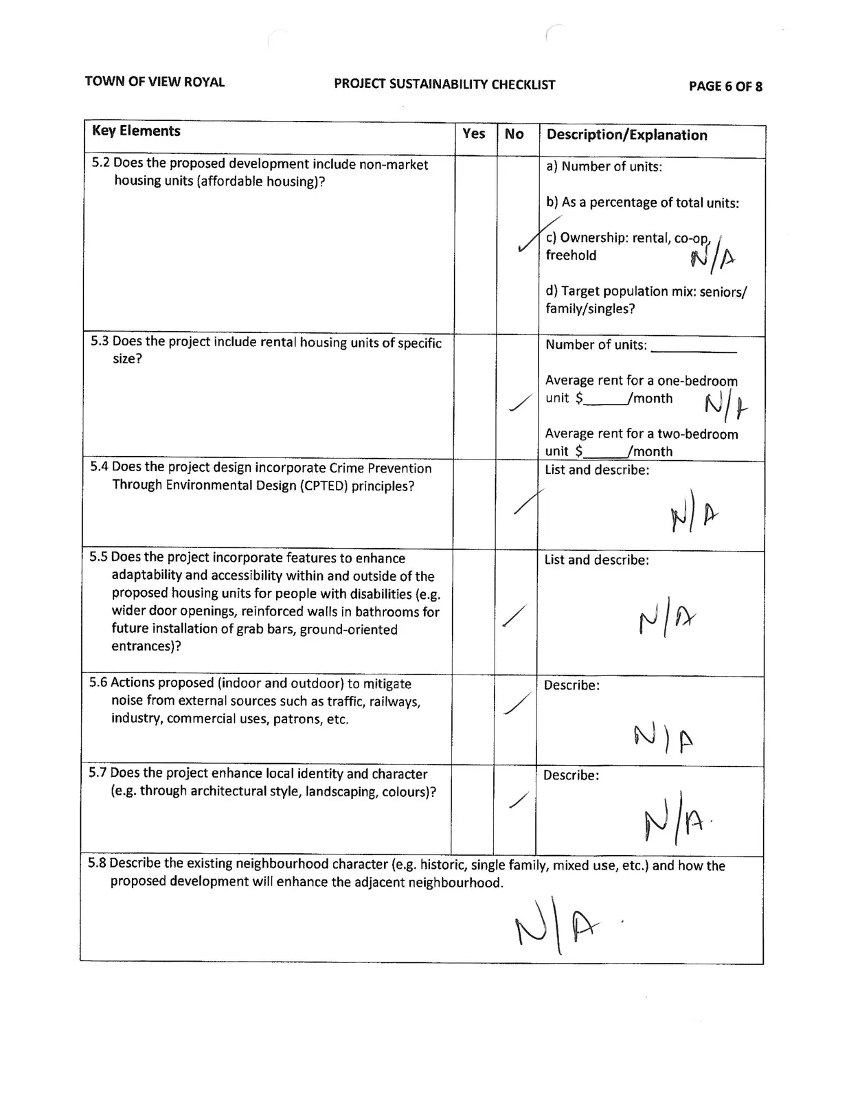 Page 6 of the Project Sustainability Checklist showing Social Sustainability section continues